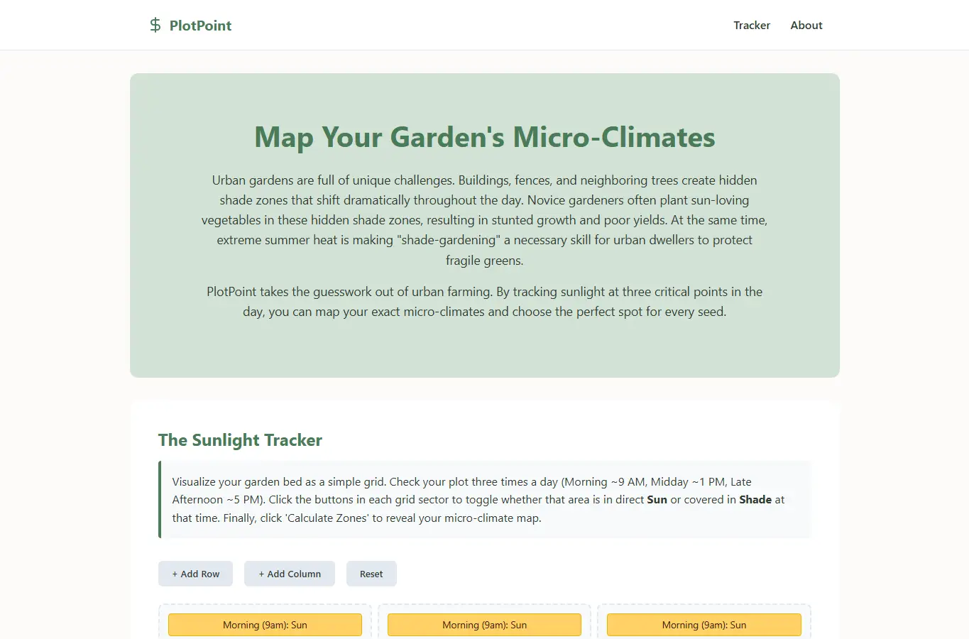 Screenshot of PlotPoint Garden Shadow Tracker interface showing the project page in use